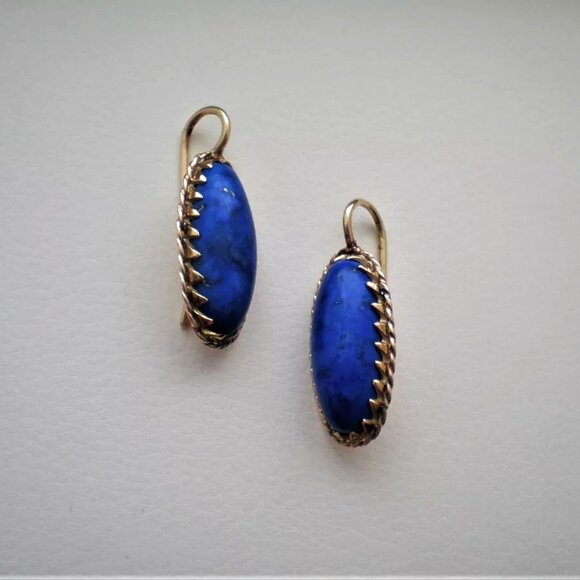Vintage Solid 14K Yellow Gold Blue Lapis Lazuli Dangle Drop Pierced Earrings - Picture 2 of 7